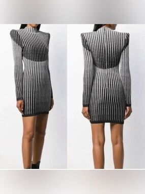 Balmain Black & White Striped Long-Sleeve Midi Dress